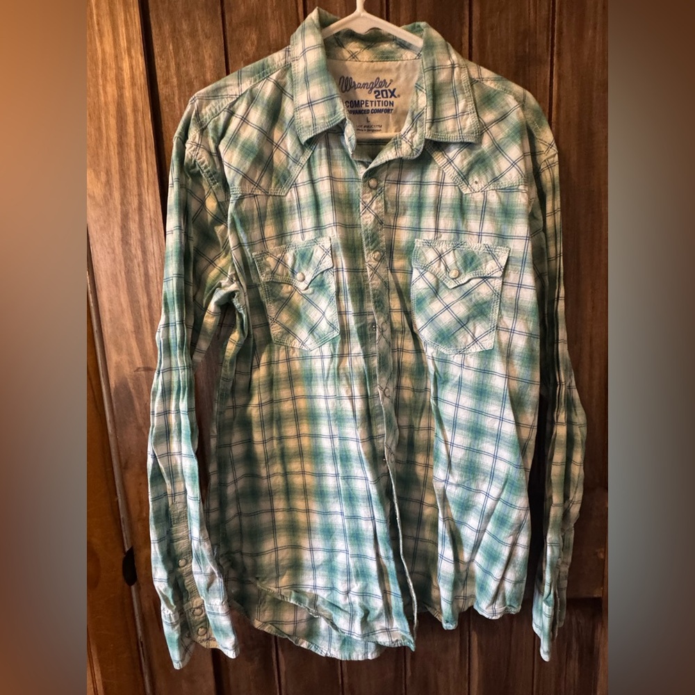 Wrangler Twenty X Pearl Snap Mens Large Green Plaid